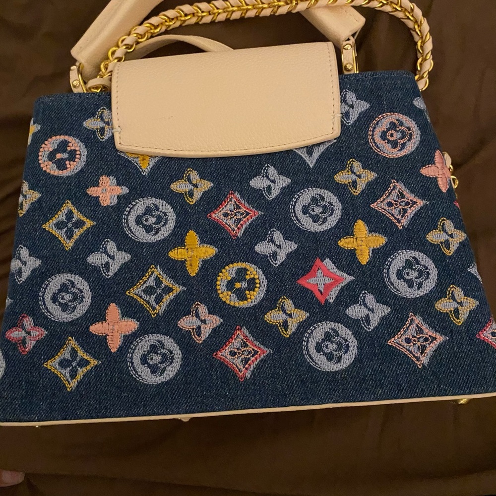 Louis Vuitton Denim Multicolor Monogram Top Handle Satchel with Cream Trim - Picture 3 of 9